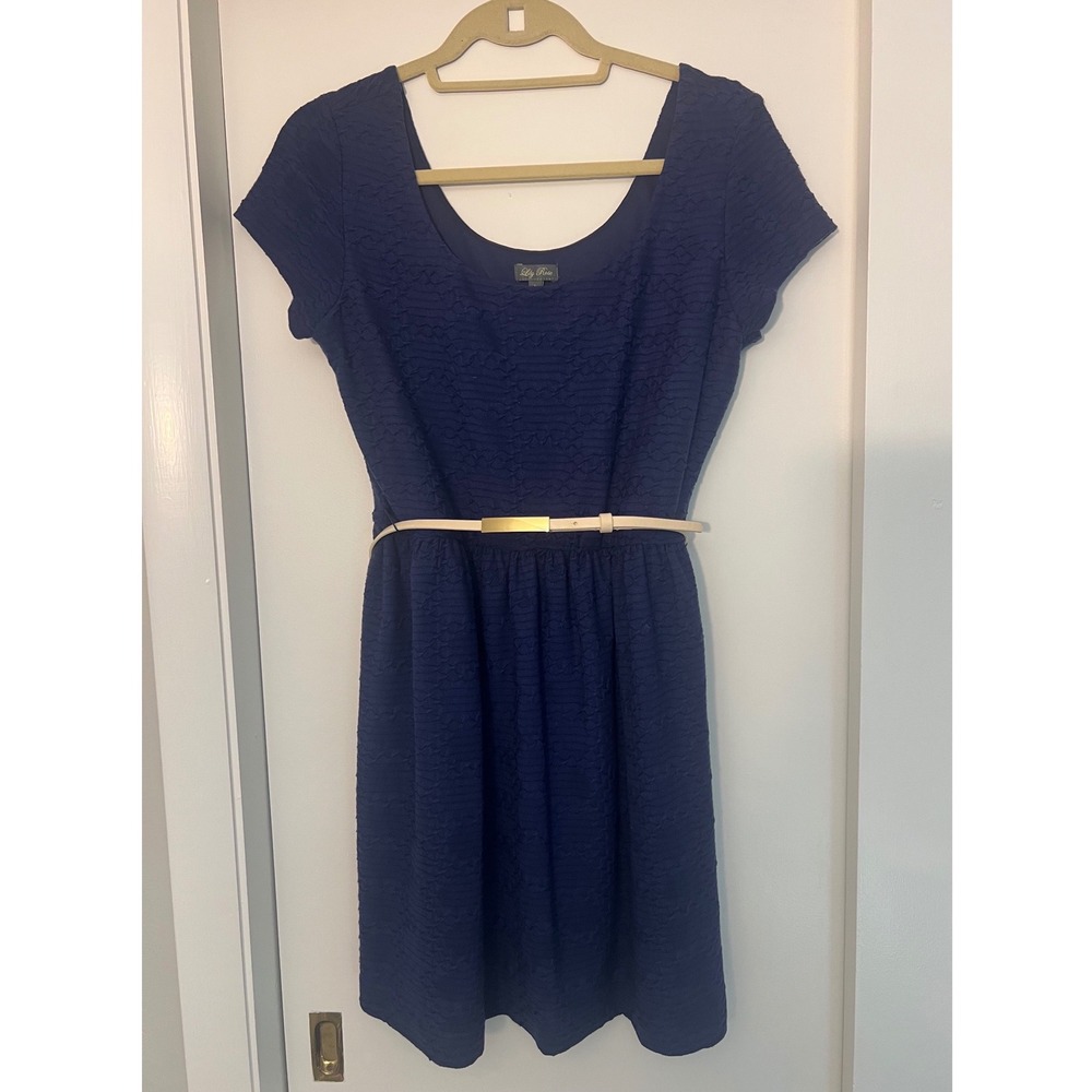 Lily Rose Navy Blue Textured Fit and Flare Dress with Belt Short Sleeve Large
